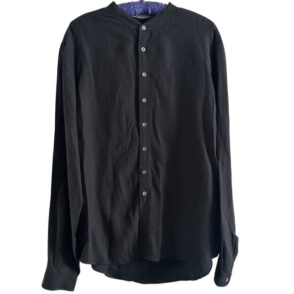 John Varvatos Twill Linen Shirt size XL Band Collar Button Front in Midnight